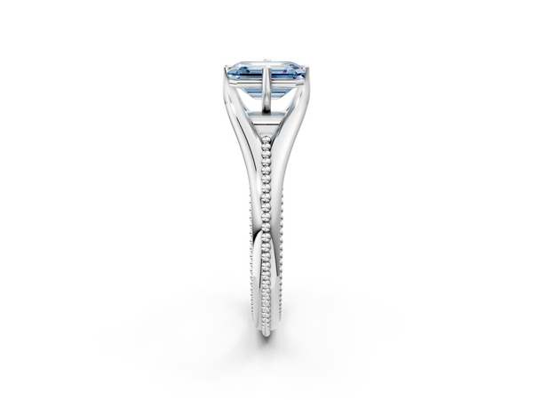 White gold Fancy Blue Emerald  Solitaire Beaded Band Six-Prong Setting