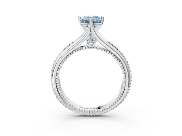 White gold Fancy Blue Emerald  Solitaire Beaded Band Six-Prong Setting