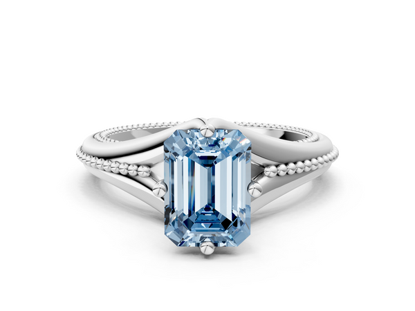 White gold Fancy Blue Emerald  Solitaire Beaded Band Six-Prong Setting