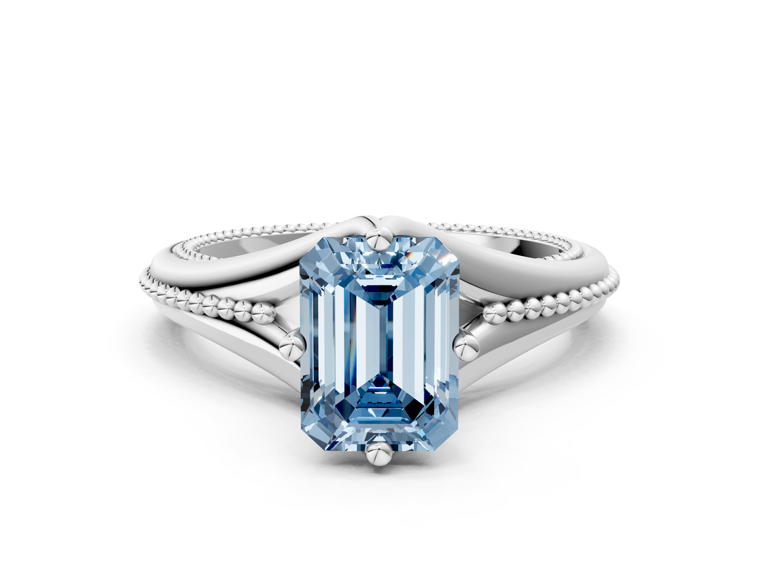 White gold Fancy Blue Emerald  Solitaire Beaded Band Six-Prong Setting