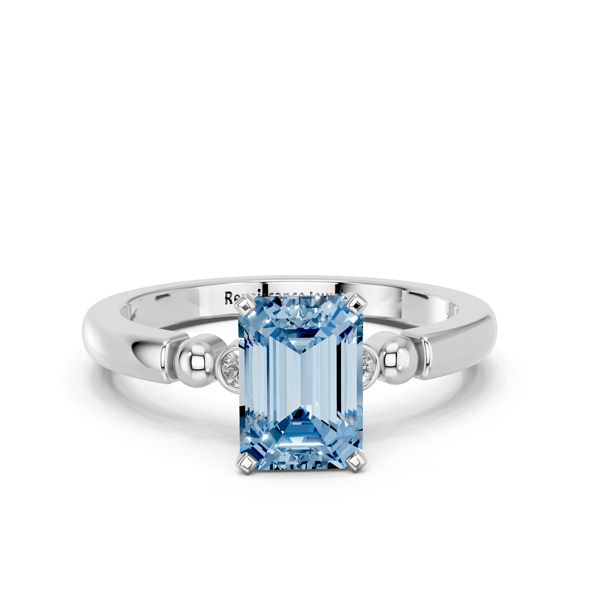 White gold Fancy Blue Emerald  Solitaire Beaded Band with Four-Prong Setting_11