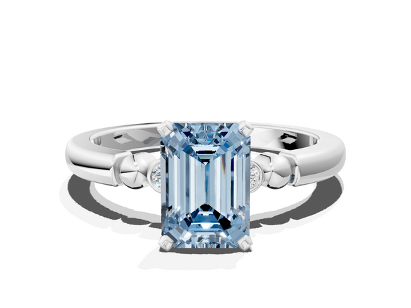 Platinum Fancy Blue Emerald  Solitaire Beaded Band with Four-Prong Setting