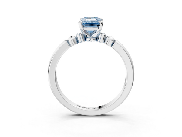 Platinum Fancy Blue Emerald  Solitaire Beaded Band with Four-Prong Setting