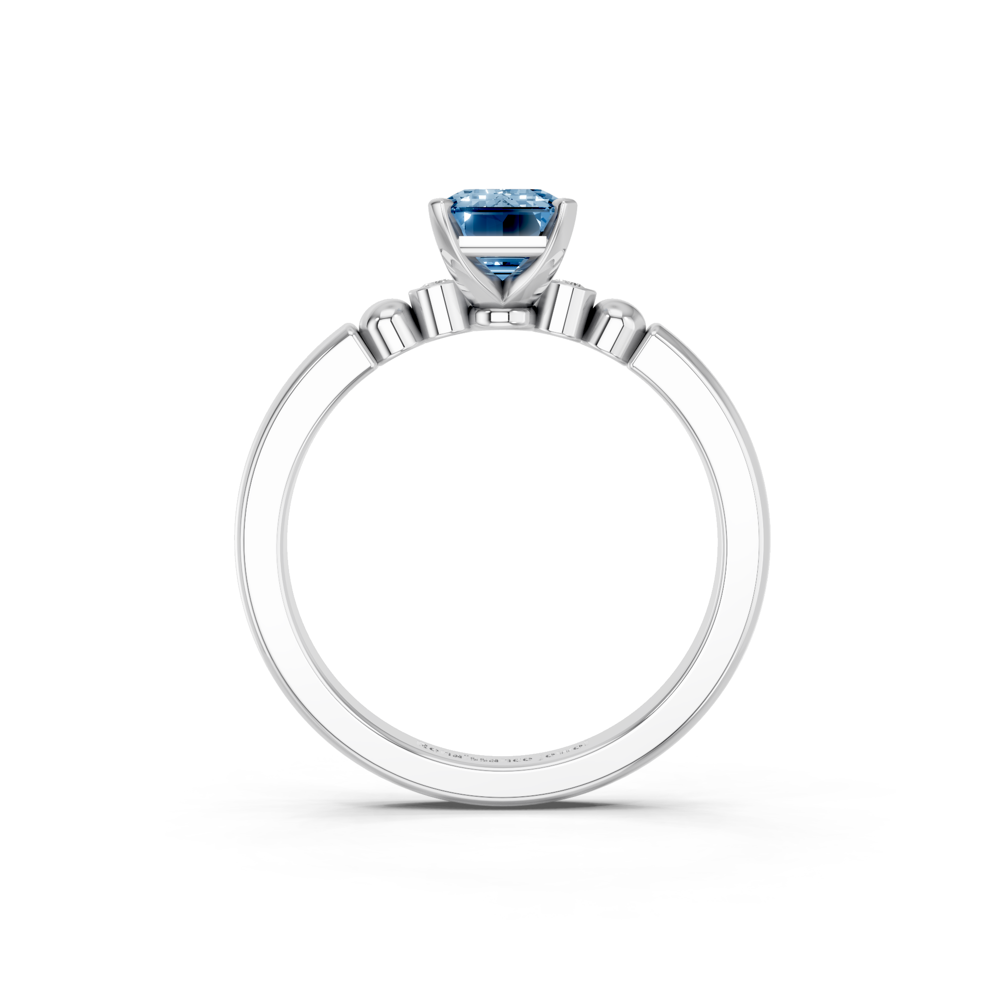 White gold Fancy Blue Emerald  Solitaire Beaded Band with Four-Prong Setting_5