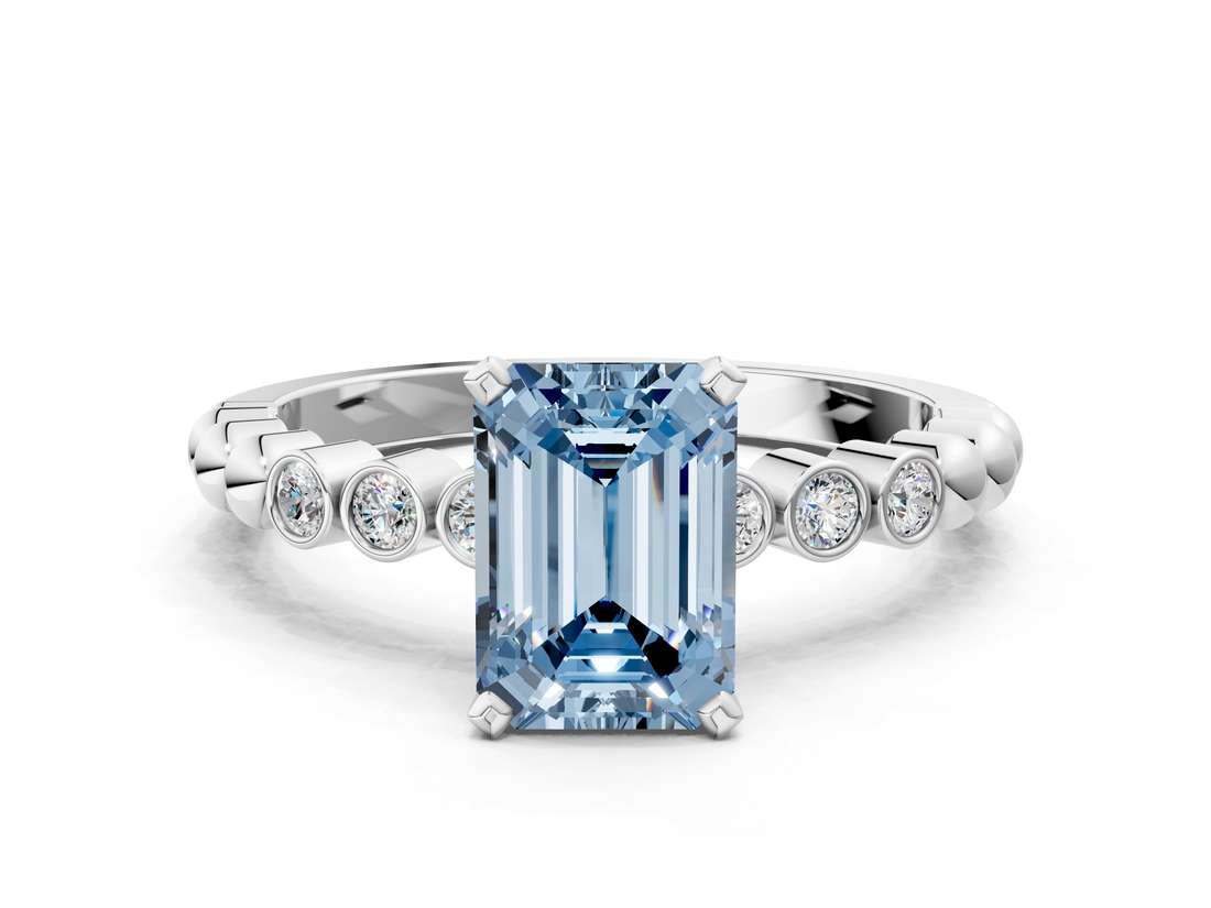 White gold Fancy Blue Emerald  Solitaire Bezel Accent Diamond Engagement Ring with Beaded Band and Four-Prong Setting_53