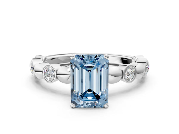 Platinum Emerald Cut Engagement Ring Setting for Fancy Blue Center with Bezel Station Beaded Band