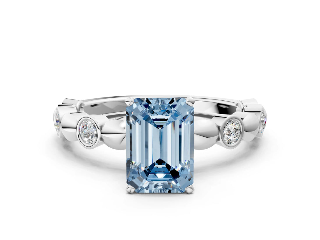 White gold Fancy Blue Emerald  Solitaire Bezel-Set Diamond Ring with Beaded Band and Four-Prong Setting_32