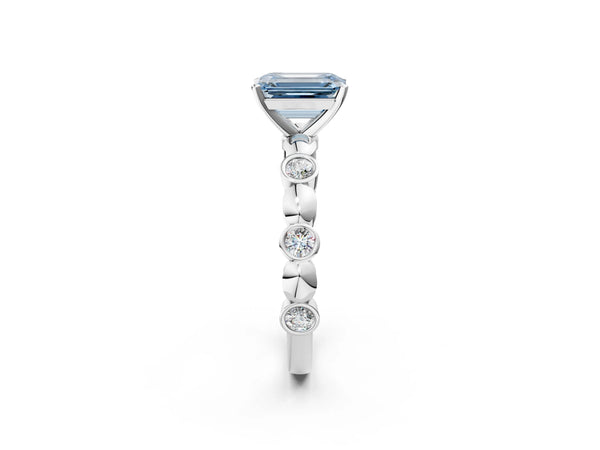 Platinum Emerald Cut Engagement Ring Setting for Fancy Blue Center with Bezel Station Beaded Band