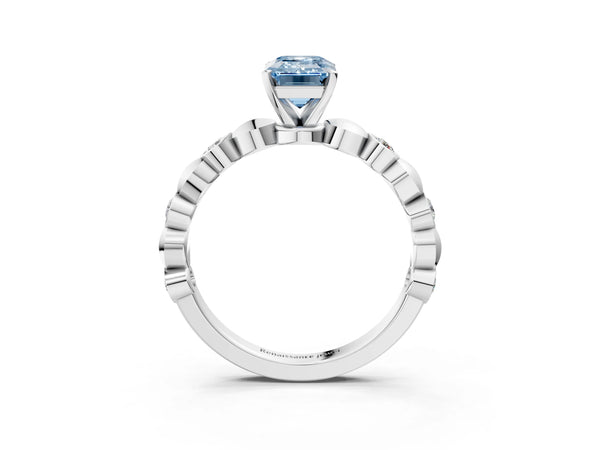 Platinum Emerald Cut Engagement Ring Setting for Fancy Blue Center with Bezel Station Beaded Band