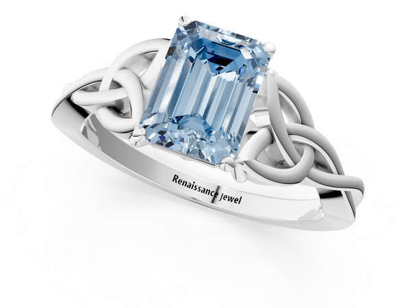 Platinum Fancy Blue Emerald Cut Diamond Solitaire Engagement Ring with Celtic Knot Band and Four-Prong Setting