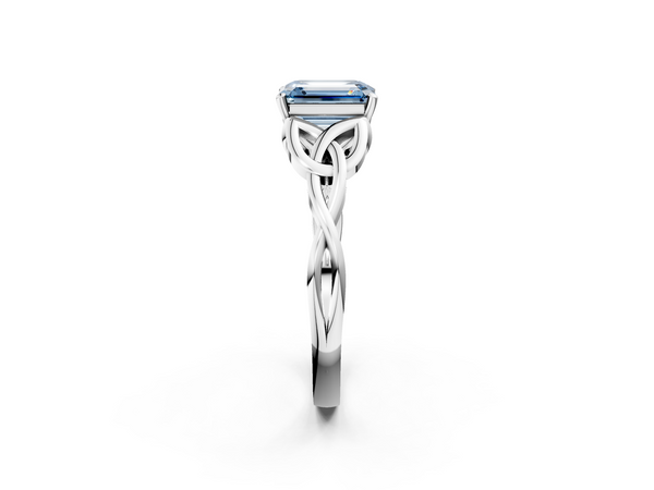 Platinum Fancy Blue Emerald Cut Diamond Solitaire Engagement Ring with Celtic Knot Band and Four-Prong Setting