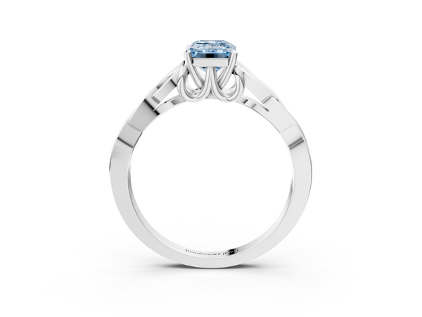 Platinum Fancy Blue Emerald Cut Diamond Solitaire Engagement Ring with Celtic Knot Band and Four-Prong Setting