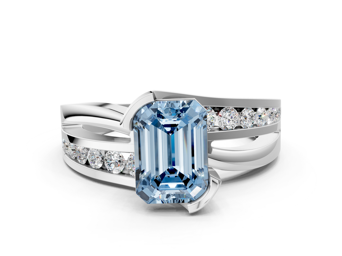 White gold Fancy Blue Emerald  Solitaire Channel-Set Split Shank Ring with Tension Prong Setting_3