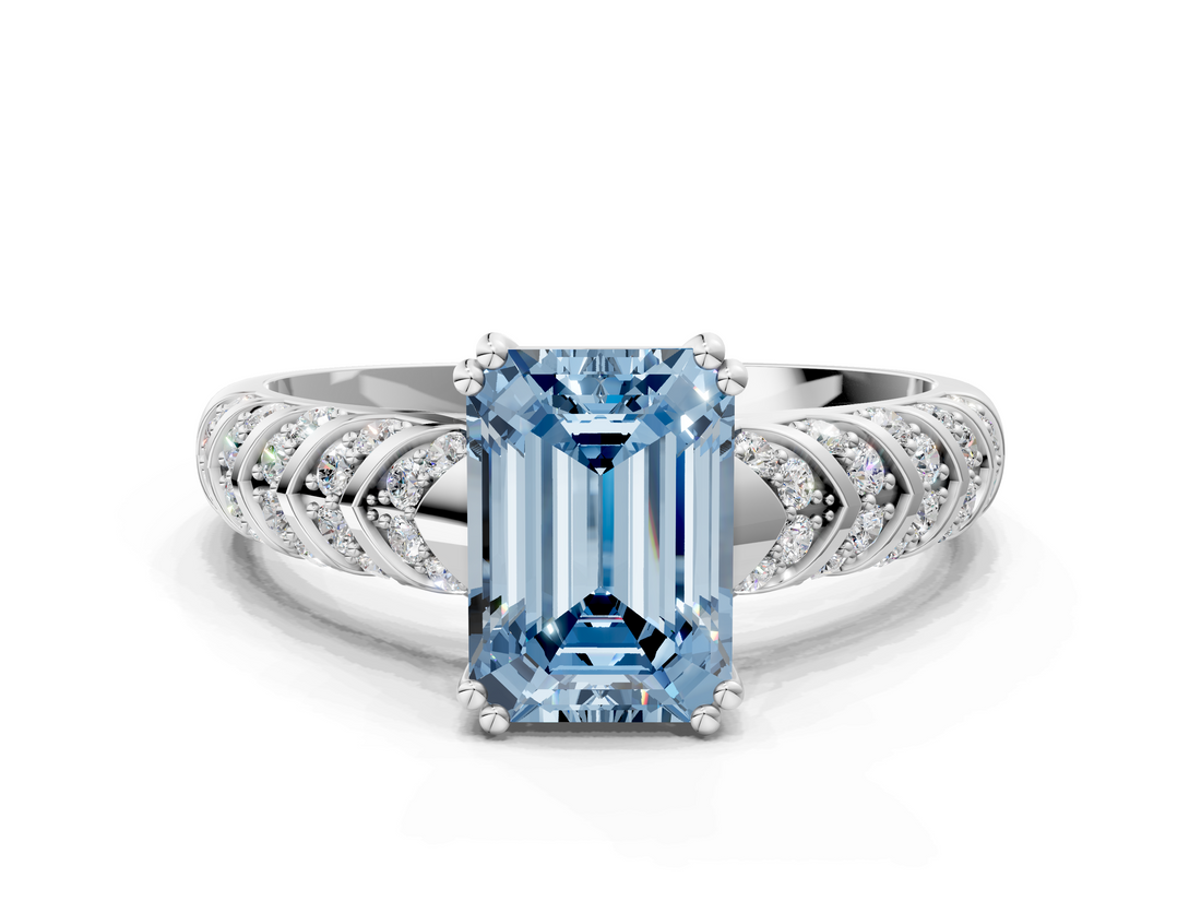 White gold Fancy Blue Emerald  Solitaire Chevron Pave Diamond Engagement Ring with Six-Prong Setting_3