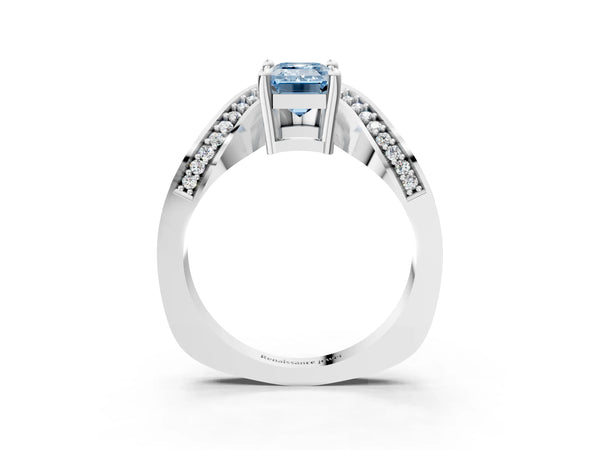 White gold Fancy Blue Emerald  Solitaire Diamond Engagement Ring with Pave Band and Four-Prong Setting