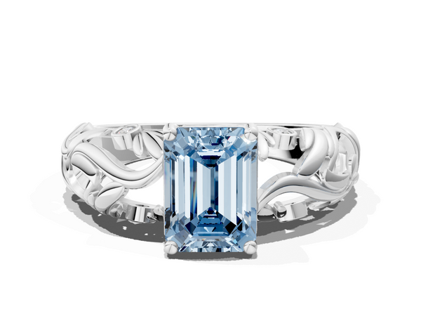 White gold Fancy Blue Emerald Cut Solitaire Diamond Leaf-Inspired Vine Band Ring with Prong Setting