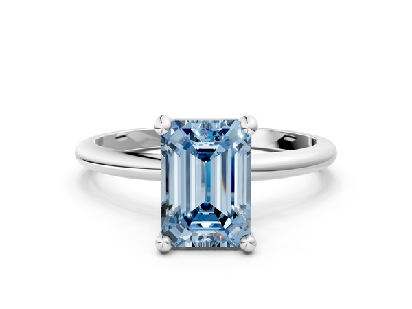 White gold Fancy Blue Emerald  Solitaire Diamond Ring with 4-Prong Setting on a Classic Band