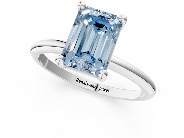 White gold Fancy Blue Emerald  Solitaire Diamond Ring with 4-Prong Setting on a Classic Band