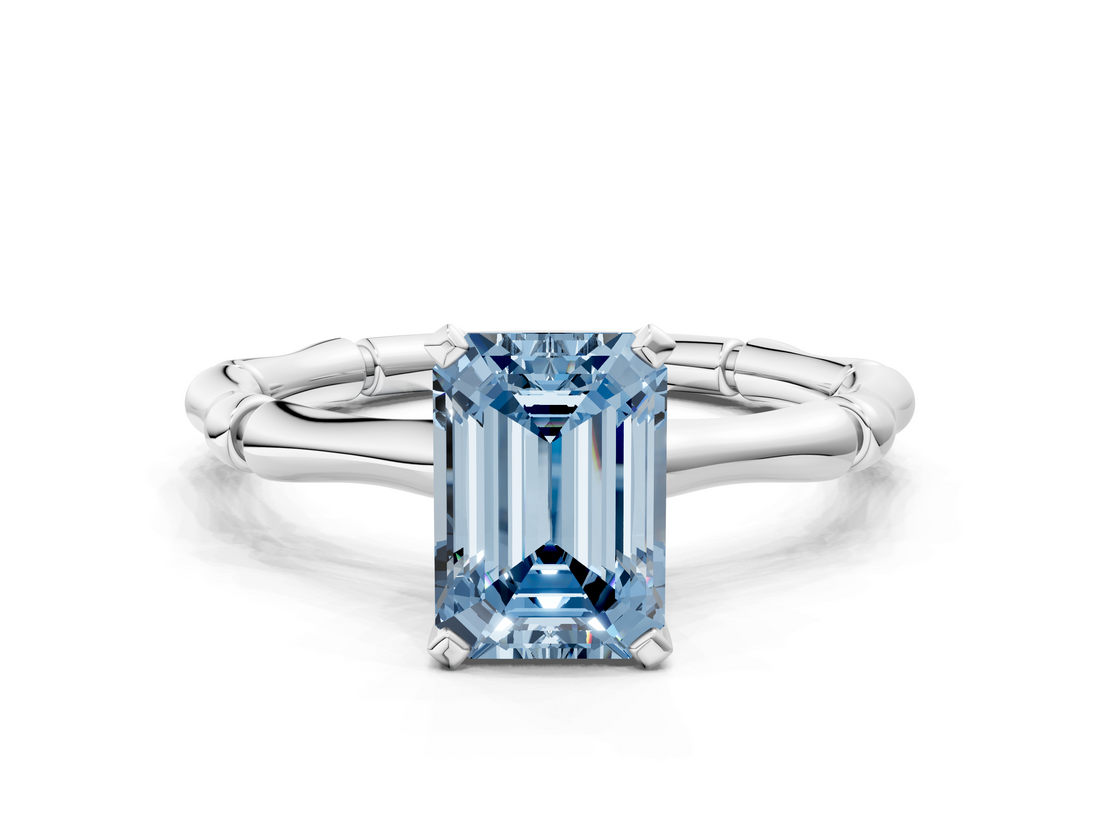 White gold Fancy Blue Emerald  Solitaire Diamond Ring with Bamboo Band and Four-Prong Setting_68