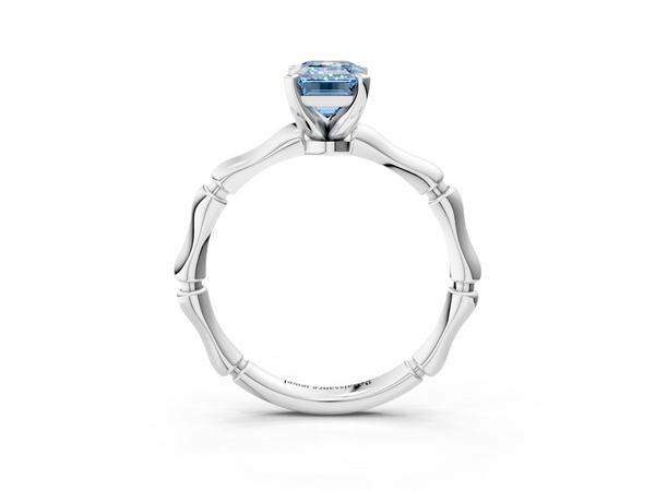 Platinum Fancy Blue Emerald  Solitaire Diamond Ring with Bamboo Band and Four-Prong Setting