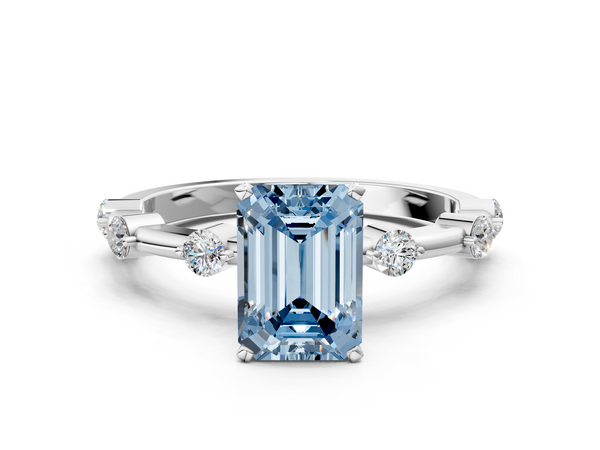 Platinum Fancy Blue Emerald  Solitaire Diamond Ring with Bezel Set Side Stones and Prong Setting