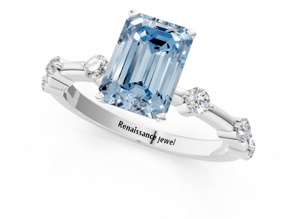 Platinum Fancy Blue Emerald  Solitaire Diamond Ring with Bezel Set Side Stones and Prong Setting