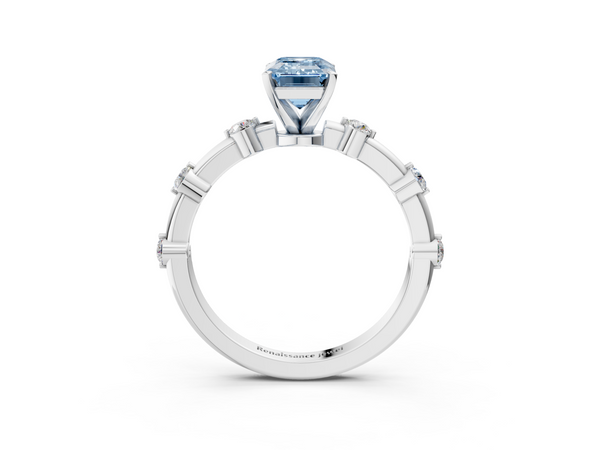 Platinum Fancy Blue Emerald  Solitaire Diamond Ring with Bezel Set Side Stones and Prong Setting