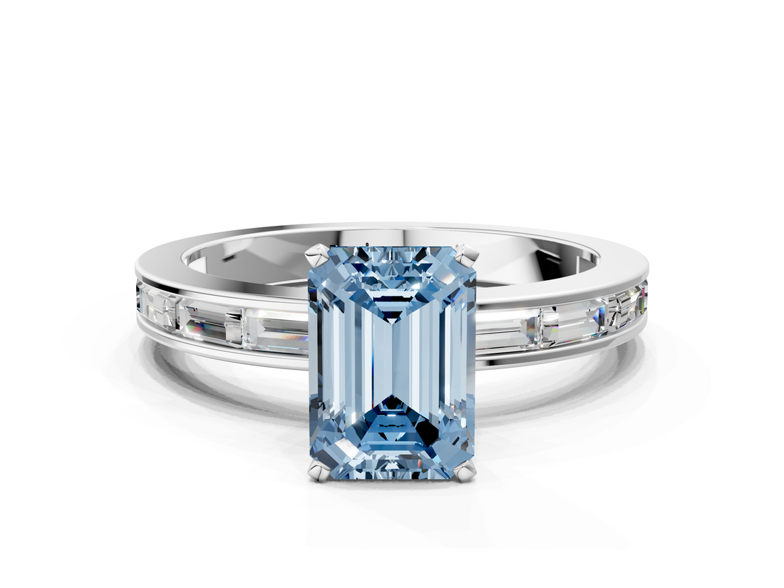 White gold Fancy Blue Emerald  Solitaire Diamond Ring with Channel-Set Baguette Band and Four-Prong Setting_80