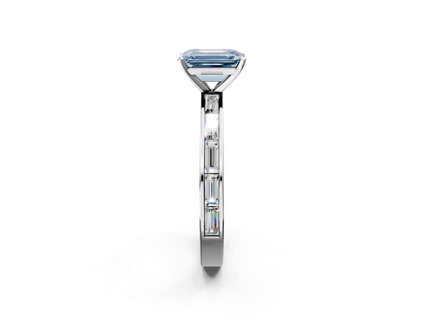 Platinum Fancy Blue Emerald  Solitaire Diamond Ring with Channel-Set Baguette Band and Four-Prong Setting
