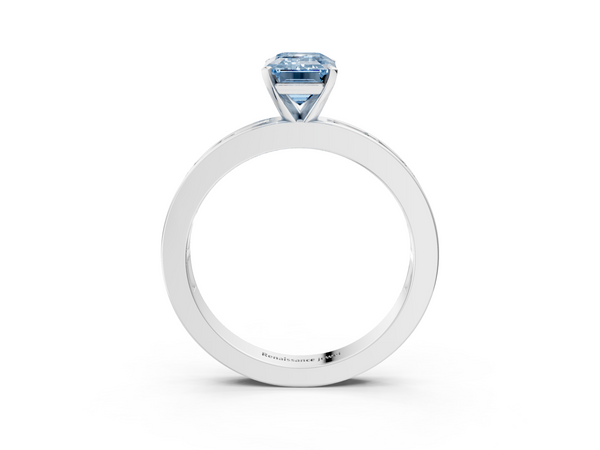 Platinum Fancy Blue Emerald  Solitaire Diamond Ring with Channel-Set Baguette Band and Four-Prong Setting