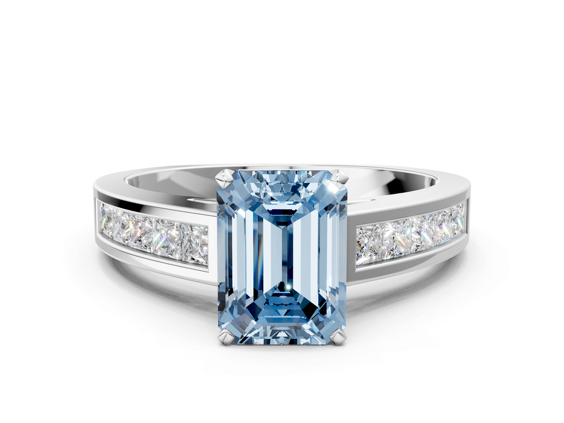 White gold Fancy Blue Emerald  Solitaire Diamond Ring with Channel-Set Band and Four-Prong Setting_3
