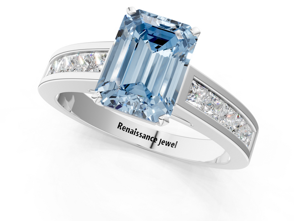 Platinum Fancy Blue Emerald  Solitaire Diamond Ring with Channel-Set Band and Four-Prong Setting