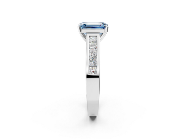 Platinum Fancy Blue Emerald  Solitaire Diamond Ring with Channel-Set Band and Four-Prong Setting