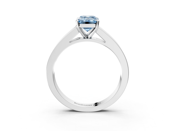Platinum Fancy Blue Emerald  Solitaire Diamond Ring with Channel-Set Band and Four-Prong Setting