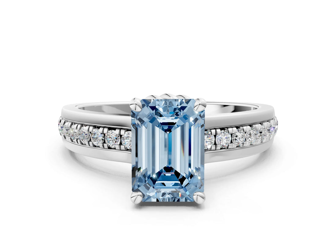 White gold Fancy Blue Emerald  Solitaire Diamond Ring with Channel Set Band and Six-Prong Setting_48
