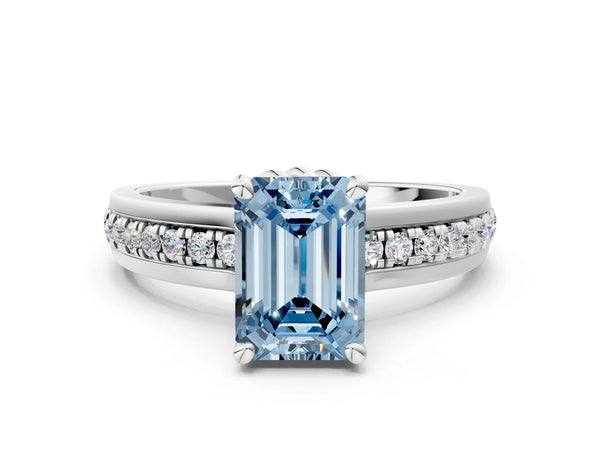 White gold Fancy Blue Emerald  Solitaire Diamond Ring with Channel Set Band and Six-Prong Setting