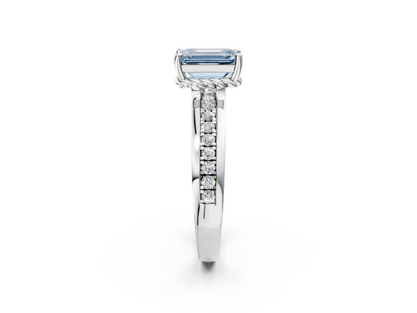 White gold Fancy Blue Emerald  Solitaire Diamond Ring with Channel Set Band and Six-Prong Setting