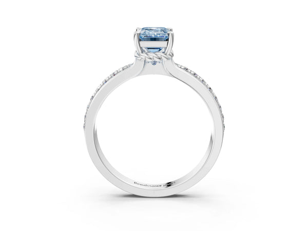 White gold Fancy Blue Emerald  Solitaire Diamond Ring with Channel Set Band and Six-Prong Setting