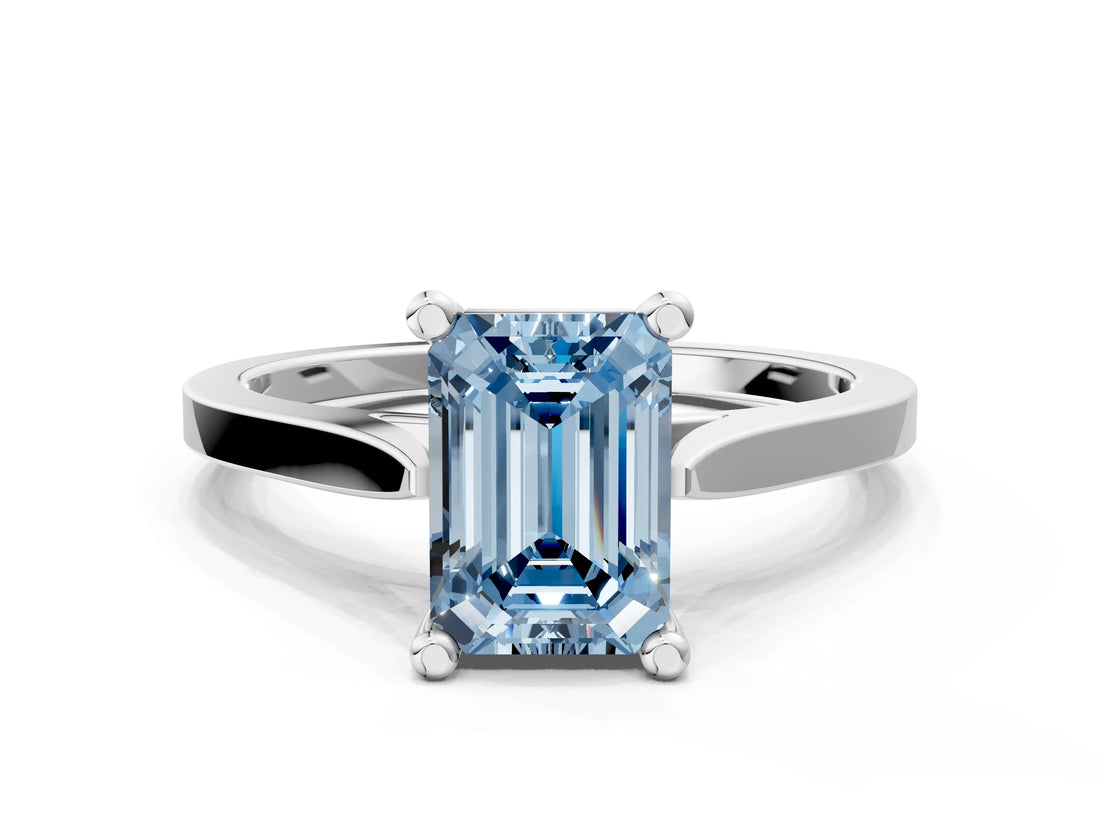 White gold Fancy Blue Emerald  Solitaire Diamond Ring with Four-Prong Setting and Tapered Band 1