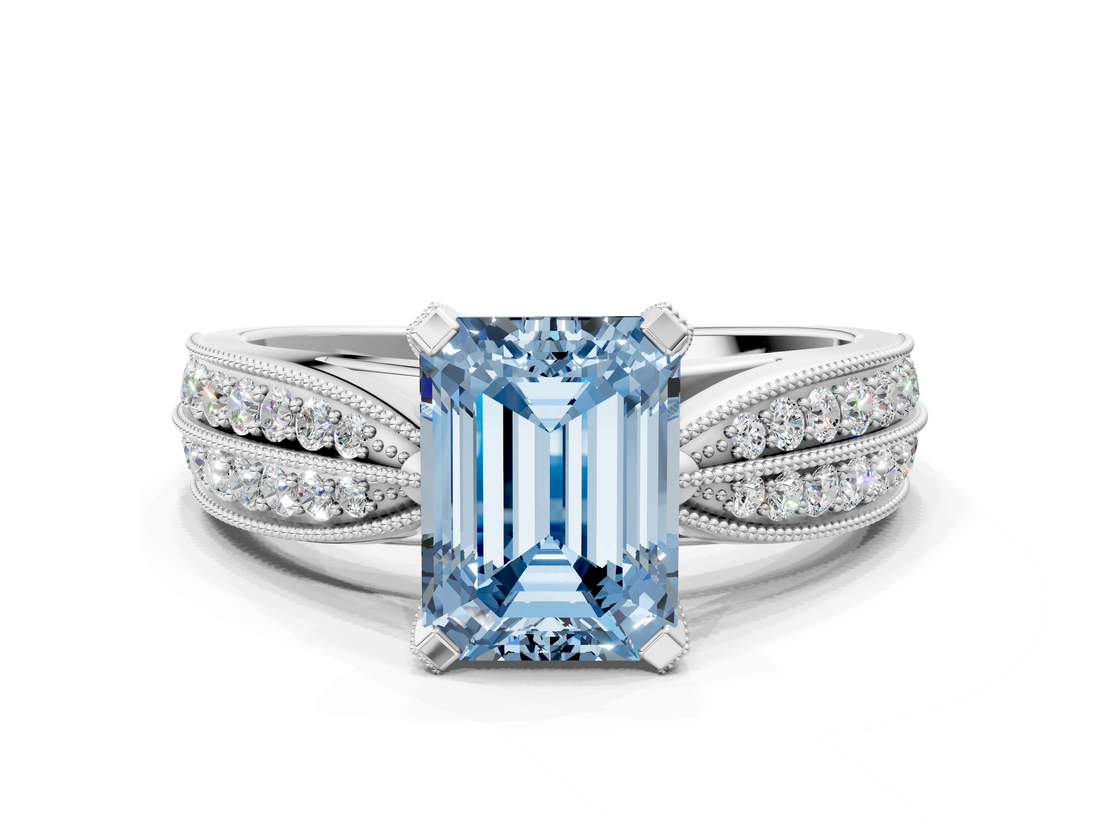 White gold Fancy Blue Emerald  Solitaire Diamond Ring with Milgrain Pavé Band and Four-Prong Setting_35