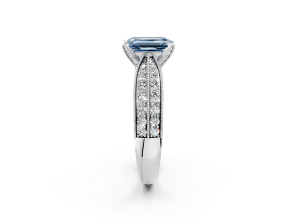 Platinum Fancy Blue Emerald  Solitaire Diamond Ring with Milgrain Pavé Band and Four-Prong Setting