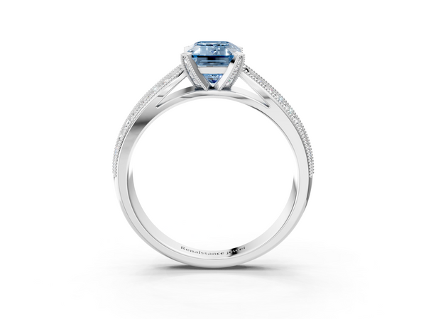Platinum Fancy Blue Emerald  Solitaire Diamond Ring with Milgrain Pavé Band and Four-Prong Setting