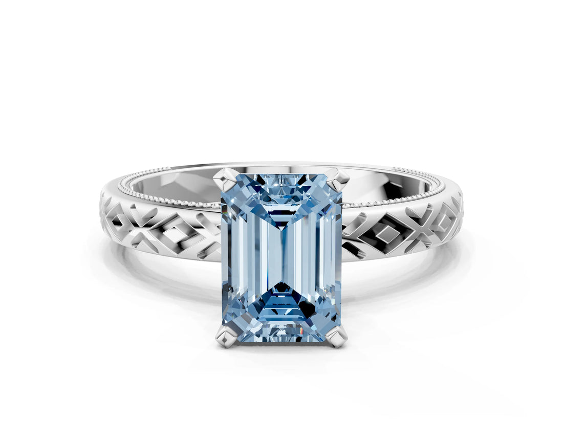 White gold Fancy Blue Emerald  Solitaire Diamond Ring with Milgrain and Black Enamel X Pattern Band_77