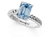 White gold Fancy Blue Emerald  Solitaire Diamond Ring with Milgrain and Black Enamel X Pattern Band_78
