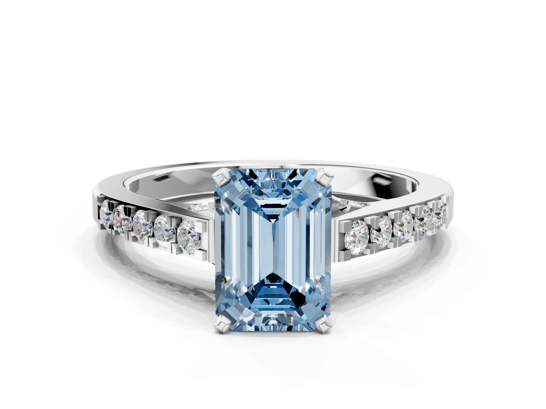 White gold Fancy Blue Emerald  Solitaire Diamond Ring with Pavé Band and Four-Prong Setting_117