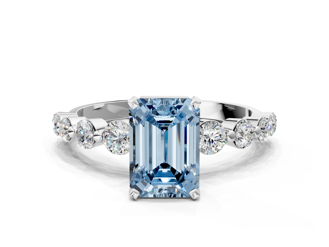 White gold Fancy Blue Emerald  Solitaire Diamond Ring with Pave Band and Four-Prong Setting_248