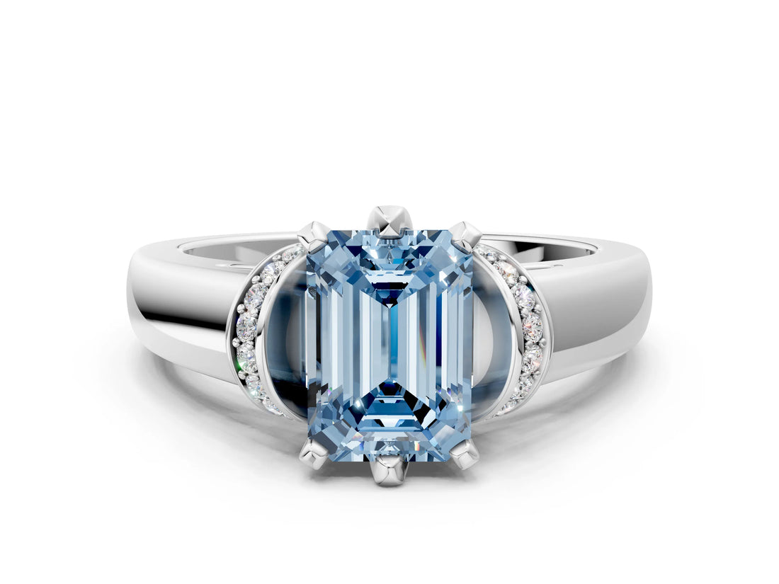 White gold Fancy Blue Emerald  Solitaire Diamond Ring with Pave Band and Six-Prong Setting_32