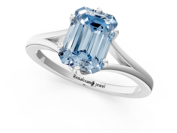 White gold Fancy Blue Emerald  Solitaire Diamond Ring with Six-Prong Setting and Tapered Band