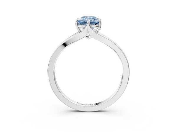 White gold Fancy Blue Emerald  Solitaire Diamond Ring with Six-Prong Setting and Tapered Band