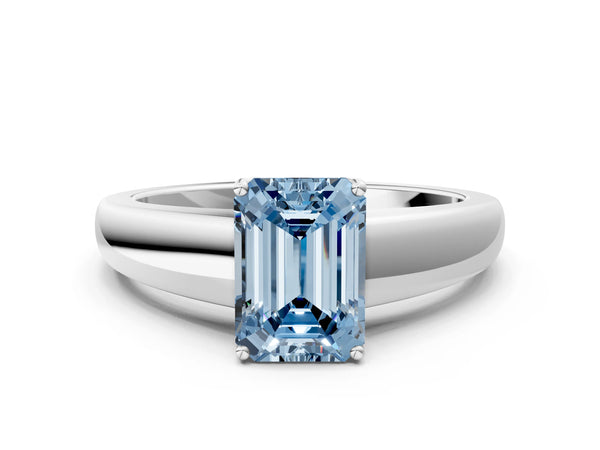 Platinum Fancy Blue Emerald  Solitaire Diamond Ring with Tapered Band and Four-Prong Setting